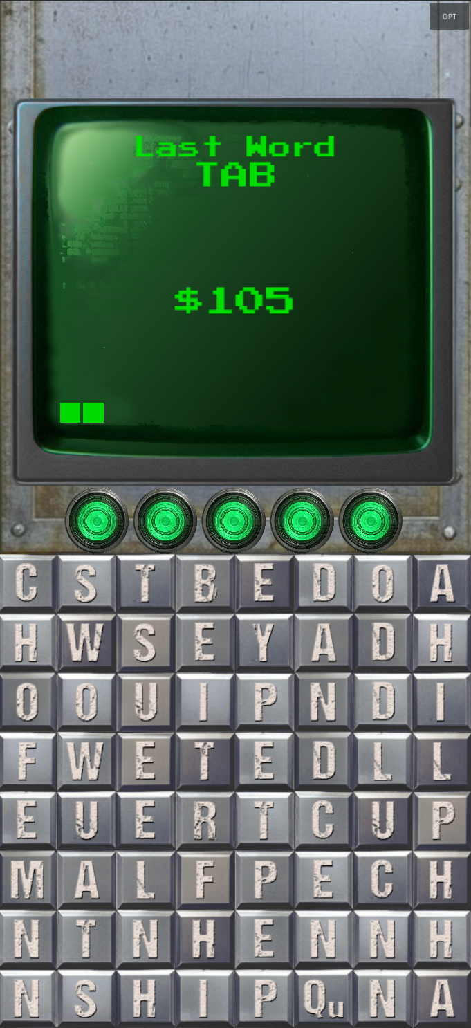 Lexical Works — the letter grid and CRT display showing the last word played and the score