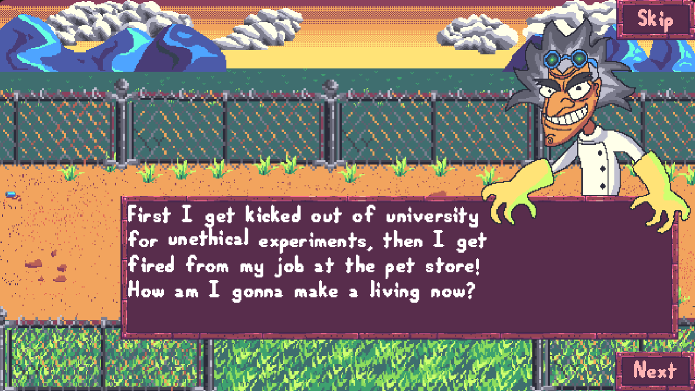 Intro cutscene — the disgraced scientist explains how he ended up racing mutant animals for a living