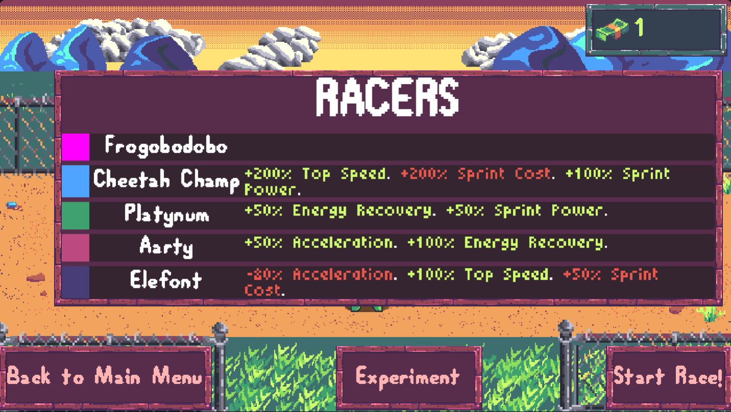 Racers roster screen listing each chimera's stat modifiers